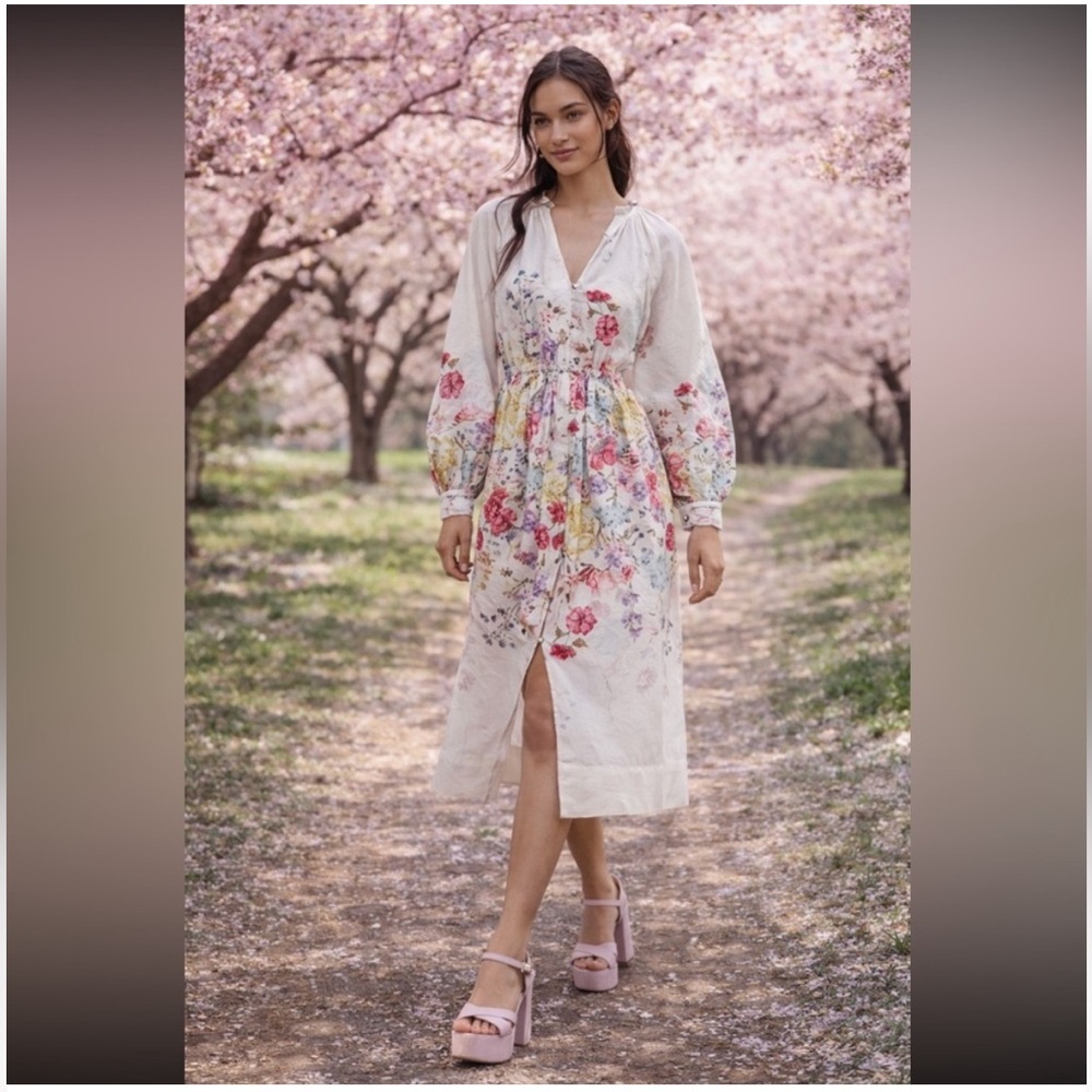 Anthropologie NWT Let Me Be Long-Sleeve V-Neck Floral A-Line Midi Dress size 2X.